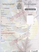 Specimen image of a Canadian Emergency Travel Document. Document features multi-coloured maple leaves in the background and the crest at the top. Text reads "CANADA" above the national crest, and "EMERGENCY TRAVEL DOCUMENT, FOR A SINGLE JOURNEY ONLY" and "TITRE DE VOYAGE D'URGENCE, VALABLE POUR UN SEUL VOYAGE" on either side of the crest