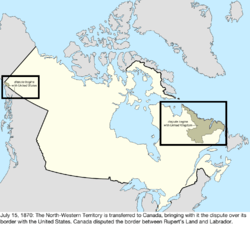 Map of the change to the international disputes involving Canada on July 15, 1870