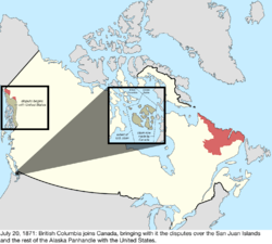 Map of the change to the international disputes involving Canada on July 20, 1871