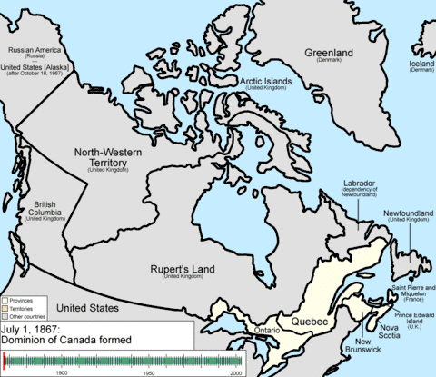 When Canada was formed in 1867 its provinces were a relatively narrow strip in the southeast, with vast territories in the interior. It grew by adding British Columbia in 1871, P.E.I. in 1873, the British Arctic Islands in 1880, and Newfoundland in 1949; meanwhile, its provinces grew both in size and number at the expense of its territories.