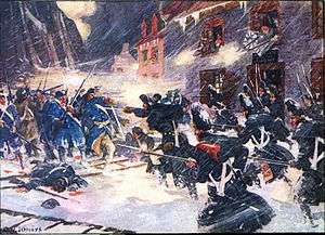 Painting of a battle between blue-coated and dark blue-coated soldiers in a city street during a blizzard