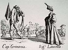 Jacques, Callot. Balli di Sfessania: Captain Cermonia and Larinia. c. 1620. Etching. [dimensions unknown]. Courtesy Artstor.