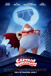 Film poster showing a bald man in his underwear with a cape on his neck, standing on top of a building. A moon showing a silhouette of an underwear.