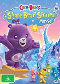 A purple bear with two lollipops on her stomach is riding upon a star. Beneath her, five others are standing in different poses on an icy surface.