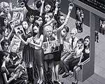 Monochrome painting of Tokyo subway commuters
