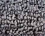 Monochrome painting consisting of large number of Japanese faces