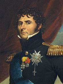 Painting shows Bernadotte in a dark, high collared military uniform.