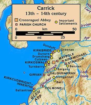 Map of Carrick, 13th–14th century, on the east shore of a large body of water. Its centre was Crossraguel Abbey about 5 km inland. Nine parish churches and eleven important settlements ranged from Ballantrae in the south at the mouth of the Stinchar, then 40&nbsp;km north to Greenan at the mouth of the Doon, and east to Bennan about 20&nbsp;km up the Girvan.