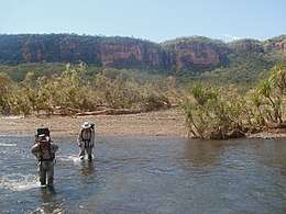 Hikers are pictured wading through the shallow Carson River amidst palm trees and red cliffs