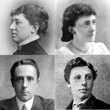 four faces: two women, both white with dark hair, one in left profile, one in semi-profile; two men, both white with dark hair, full face