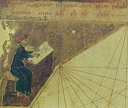 Image of a cartographer, assumed to be Pietro Vesconte himself, from the 1318 Vesconte atlas (Museo Correr, Venice)