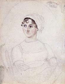 Pencil sketch of a woman wearing early 19th-century clothing and a cap with a few curls emerging seated in a chair.