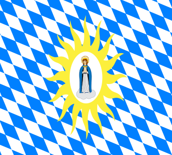 Virgin Mary, praying on a cloud, crowned with a glory; on a white oval; surrounded by a glory of yellow rays; on a field of white and blue lozenges, Bavarian style