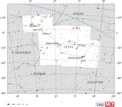 Diagram showing star positions and boundaries of the Cetus constellation and its surroundings