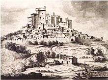 Engraving of a château on a hill