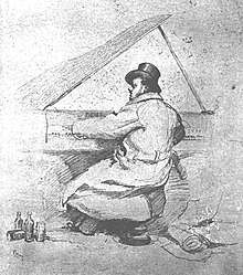 sketch of a man in top hat and overcoat vigorously playing a grand piano