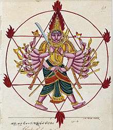 A man with 16 hands and two cross legs standing inside a circle and holding different weapons with his hands.
