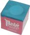 A cube of blue chalk with a paper wrapper on all sides but one; a rounded indentation appears at the top where a cue would be chalked