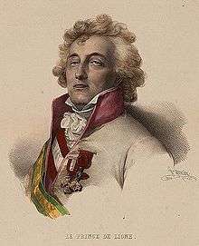 Colored sepia-tinted print labeled Le Prince de Ligne shows a man wearing a white coat with two medals pinned to the left breast. His hair is very wavy and his eyes are half-closed so that he looks like he's falling asleep.