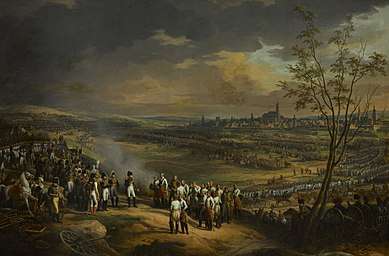 Colored painting depicting Napoleon receiving the surrender of the Austrian generals, with the opposing armies and the city of Ulm in the background.