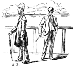 A drawing of two men at the seaside. One is wearing an unusual helmet-like hat