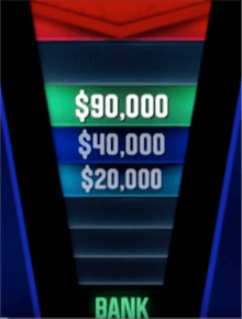 A screenshot from the U.S. game show The Chase illustrating gameplay, in which a contestant has selected the higher $90,000 offer from the chaser, who in turn is two spaces behind the contestant on the gameboard
