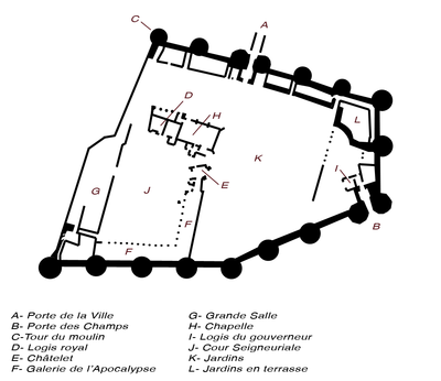 Key: A: gate to the medieval town; B: south gate; C: Tour de moulin; D: royal lodgings; E: chatelet (a type of gatehouse); F: gallery of the Apocalypse Tapestry; G: great hall; H: chapel; I: governor's lodgings; J: inner court; K: gardens; L: terraced gardens