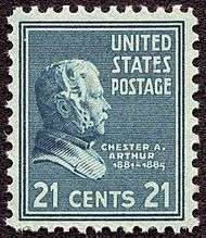 Historical 21-cent stamp with Arthur's profile.