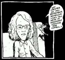 A cartoon panel of long-haired boy with glasses, and a small winged figure speaking to him