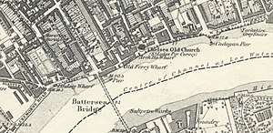 Map showing a riverside road and bridges