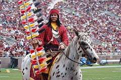 A brown and white spotted horse ridden by a sports mascot in modern-day Native American attire waving a flag stands on a sports field. More people are visible on the field, and a large crowd fills the stadium seating in the background.