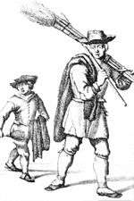 A line drawing of an 18th-century man and boy, the man carrying long tools such as a broom