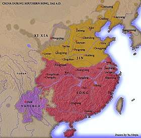Map of the Song dynasty after the Jin conquest, the Jin is in control of northern China and the Song is in control of southern China