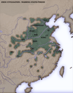 A map of China's Warring states: QIN in the west, YUE on the southern coast, QI on the central coast, YAN on the northern coast, WEI, HAN, AND ZHAO in the central plains, LU and SONG in the eastern plains, and CHU in the inland south.
