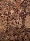 A portrait oriented painting of four birds perched on a set of vertical branches originating from the same short tree. A fifth bird is hiding behind the base of the tree.