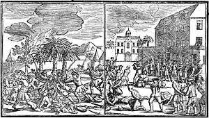 Two black and white drawings of events during the massacre. At left, ethnic Chinese appear to kill Dutch soldiers while homes burn in the background. At right, the Dutch execute Chinese prisoners in a courtyard.