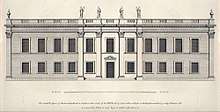 Drawing of a two-storey classical house with statues and urns along the roof