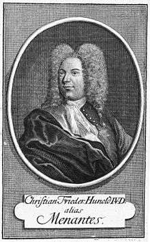 black-and-white engraving of the bust of a man with a large wig of curly hair, a long nose and a prominent chin, looking half-left, with his name and his pen name below