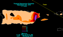 Map of Puerto Rico and the Virgin Islands depicting rainfall amounts by colors. The heaviest amounts, shown in purple, are centered over eastern Puerto Rico.