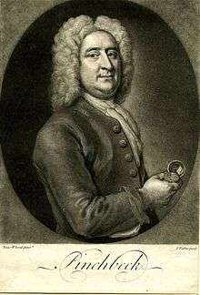 monochrome engraved illustration of a half-length portrait of a man, in an ornate wig, holding a pocket watch