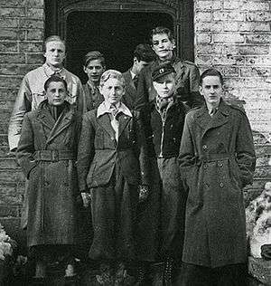 The early Churchill Club and friends in front of their monastery. Back row (left to right): Eigil, Helge, Jens, Knud. Front row (left to right): unknown, Borge, unknown, Mogens F.