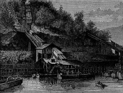 Woodcut of coal being loaded onto boats