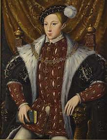 Formal portrait in the Elizabethan style of Edward in his early teens. He has a long pointed face with fine features, dark eyes and a small full mouth.