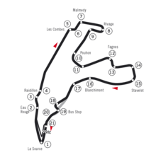 A track map of the Spa-Franchorchamps circuit. The track has 21 corners, which range in sharpness from hairpins to gentle, sweeping turns. There is one long straight that link the corners together. The pit lane splits off the track from turn 19, and rejoins the track after the exit of turn 1.