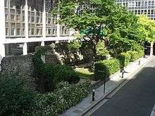 Photograph of St Alphage Garden from a raised position, taking in the Wall and extension.