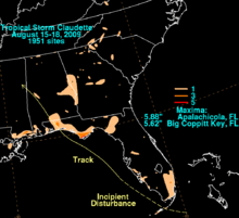 Map of the southern United States detailing the rainfall totals from a tropical storm. The heaviest totals, denoted in orange coloring, are located over northern Florida.