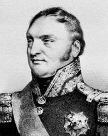 Blank and white print of a square-headed man with sideburns. He wears a dark military uniform with epaulettes and a high laced collar.