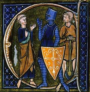 Detail from an illuminated book, with three figures shown talking, a monk on the left, a knight in armour in the middle and a peasant with a spade on the right. The picture is accented in rich blues.