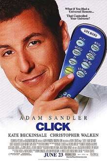 Adam Sandler holding a blue remote control. The film's tagline appears above him, with its title, release date and production logos below.