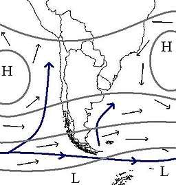 Weather maps showing the usual position of weather systems around the southern part of South America.